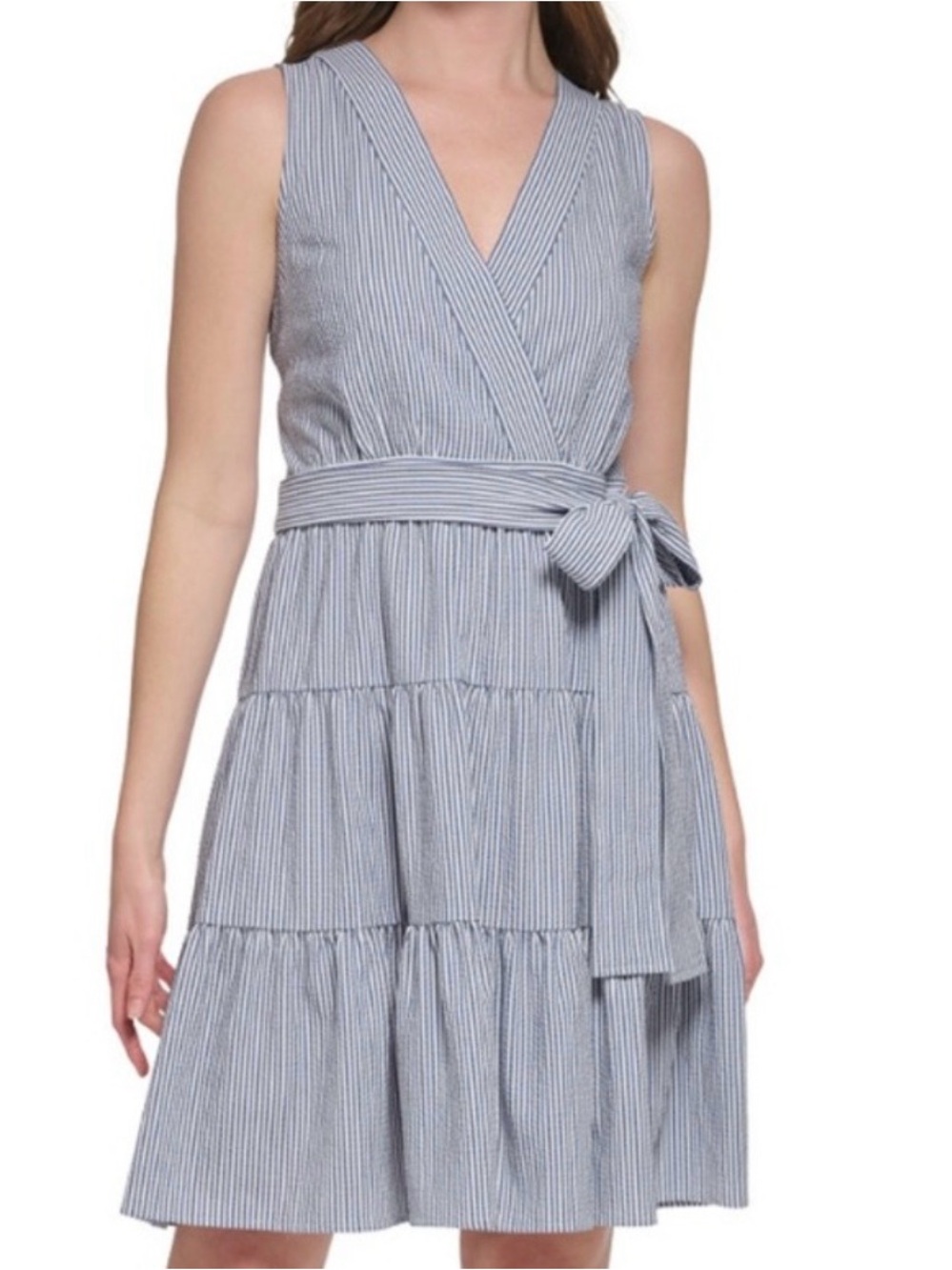 Tommy Hilfiger Striped Seersucker Sleeveless Wrap Dress